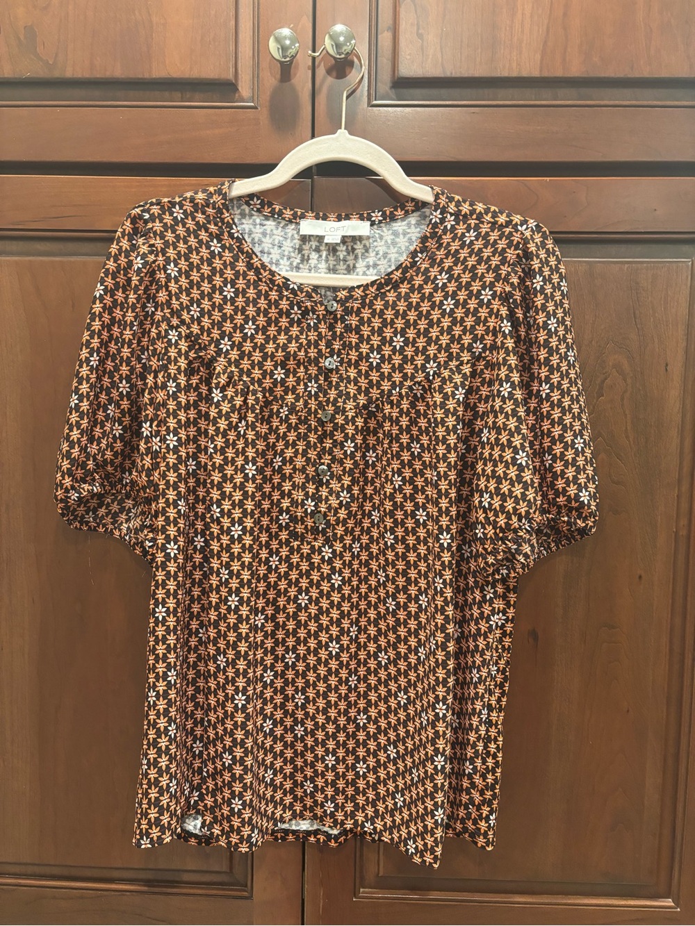 LOFT Black & Orange Printed Button Front Blouse